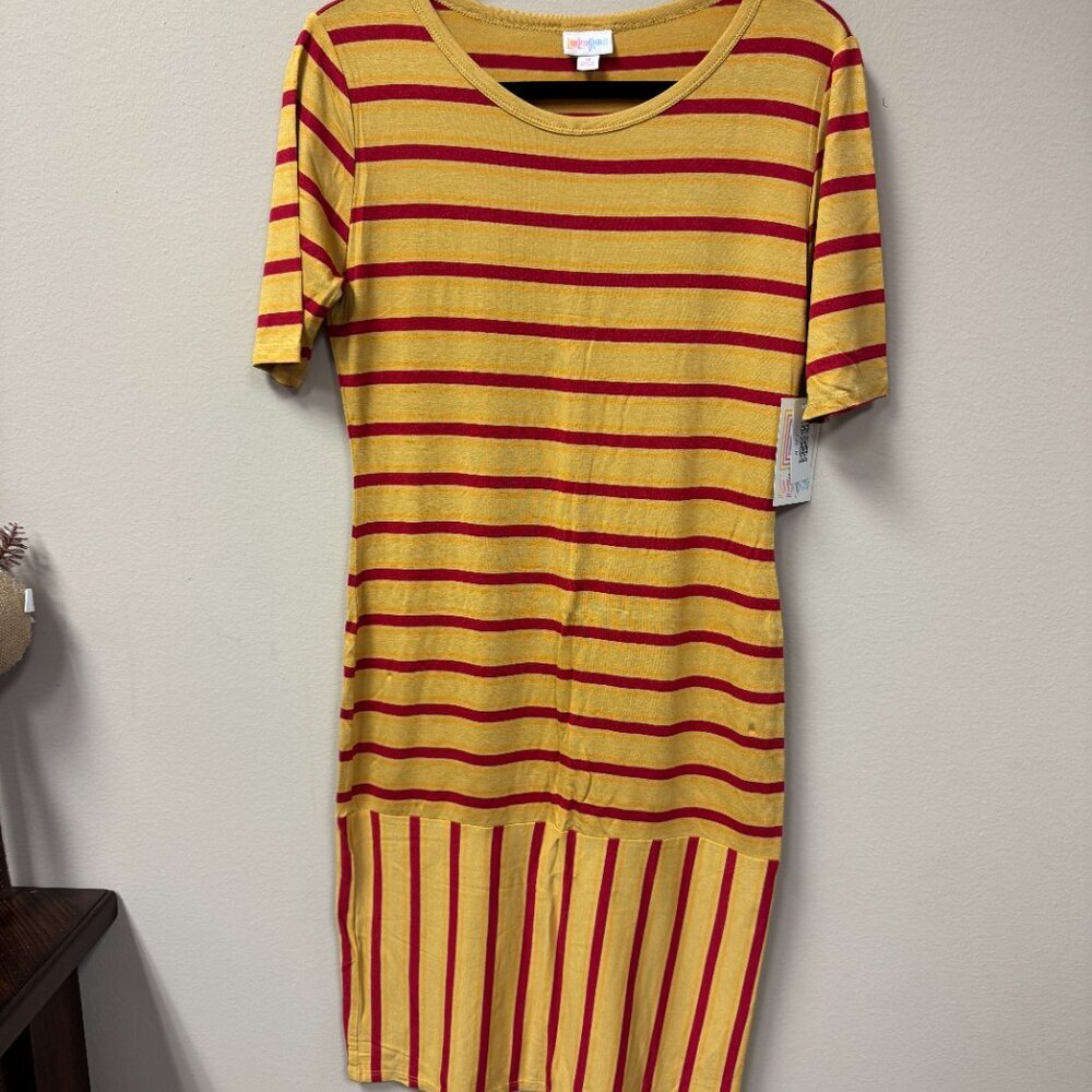 LuLaRoe Julia  Dress Mustard Red Stripe NWT size M